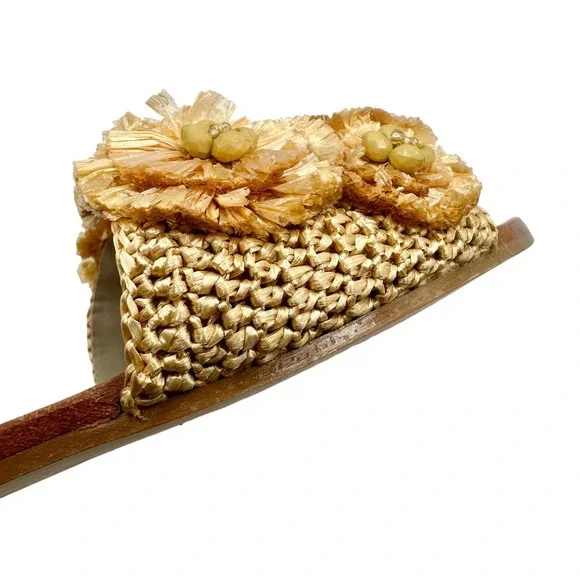 Boden | Women | Elsbeth Tan Leather Raffia Floral Slides Sandals | 37 EU 6 US - Picture 9 of 11